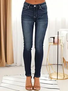 Women’s summer stretch denim long pants, slim tapered cut that hugs the leg shape, clean silhouette for a slimming look, versatile for everyday casual wear.