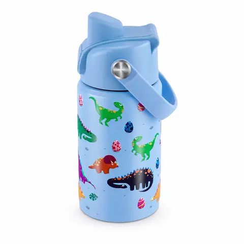 Yawbay Kids' 12oz Double Wall Vacuum Insulated 18/8 Stainless Steel Casual Tumbler, BPA-Free, Silicone Straw Lid, Leak-Proof, Carry Handle, Cartoon/Dinosaur/Flower Prints (For Kids' Use)
