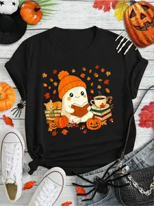 100% Cotton Cute Ghost Reading Book Lovers Autumn Fall Halloween Ghost T-Shirt Print Round Neck Short Sleeve Streetwear Fashion Breathable Homme Soft Unisex Designer Clothes For Women Casual Clothes