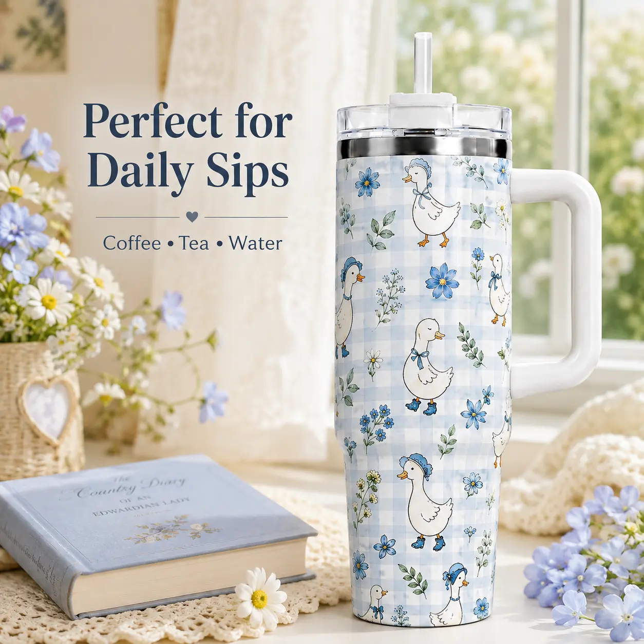Cottagecore Duck Tumbler, Cute Gingham Goose 40oz Tumbler with Handle, Blue Wildflower Duck Insulated Travel Cup, Coquette Cottagecore Water Bottle, Farmhouse Duck Lover Tumbler, Gift for Her, Cute Duck Coffee Cup