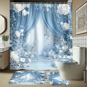 Elegant Bathroom Set with Soft Shower Curtain, Bath Mat, and Toilet Seat Cover, 4-Piece Floral Pattern, Home Decor Essentials, Shower Curtain Sets
