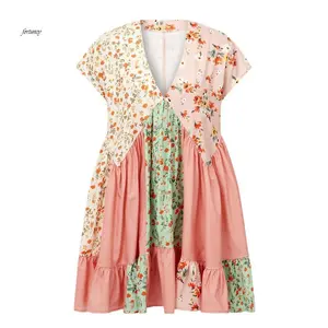 Women's Summer Short Beach Dress Cap Sleeve Deep V Neck Floral Short Vacation Dresses