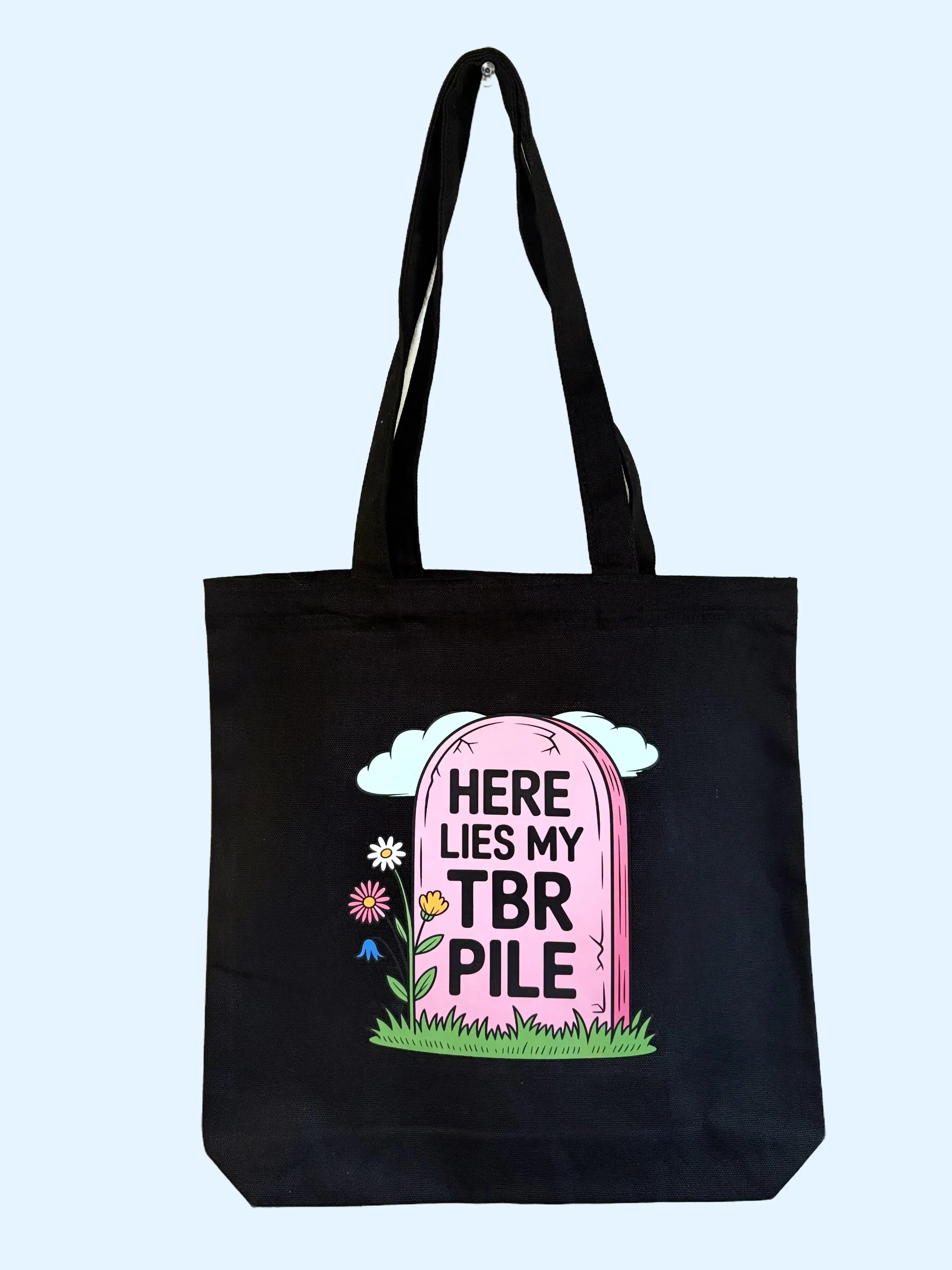 Black Bookish Tote Bag with "Here Lies My TBR Pile" Graphic Print, Casual Cotton Rectangle Shoulder Bag for Readers, Perfect for Everyday Use, Graphic Women's Tote Bags
