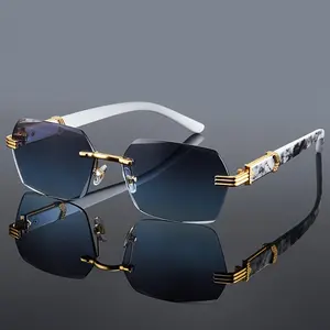 LL 1 pair Of New Men'S And Women'S Universal Frameless Retro Thick PC Lenses, Metal Hinges, Marble Pattern, Sunscreen Fashionable Sunglasses, Fashionable Sunglasses