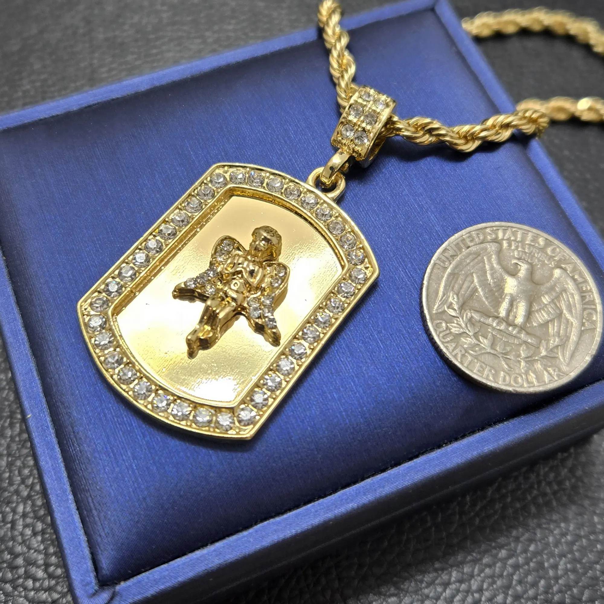 MaxBling81 Iced Baby Angel Dog Tag Fashion Pendant, Unisex White Gold-Plated Hip Hop Necklace with 4mm Rope Chain (18-24in) for Women, Fashion Pendants