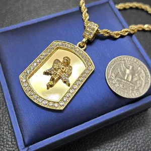 MaxBling81 Iced Baby Angel Dog Tag Pendant, Unisex White Gold Plated Hip Hop Necklace for Women with 4mm Rope Chain (18-24in), Gold Necklace Women