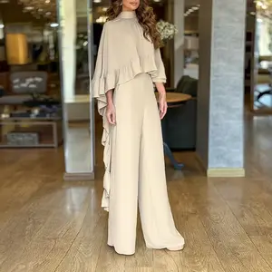 ChicMe 2026 2 Pieces High-Waisted Lounge Outfit High Neck Hollow-out Back Ruffles High-Low Hem Cape and Casual Elastic Back Waist Wide Leg Pants Set