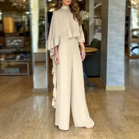 CHICME Women's 2-Piece Elegant 2026 Polyester Fabric Lounge Set - High-Neck Hollow-Back Ruffle High-Low Hem Cape, Elastic-Back Wide-Leg Pants with Button Detail for Evening Wear