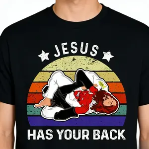 cotton Brazilian Jiu Jitsu Jesus Jesus Has Your Back T-Shirt