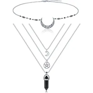 Moon Pentagram Necklace with Headwear Pentacle Crystal Chakra Pendant Layered Necklaces for Women Choker Necklace Gothic Jewelry Goth Accessories
