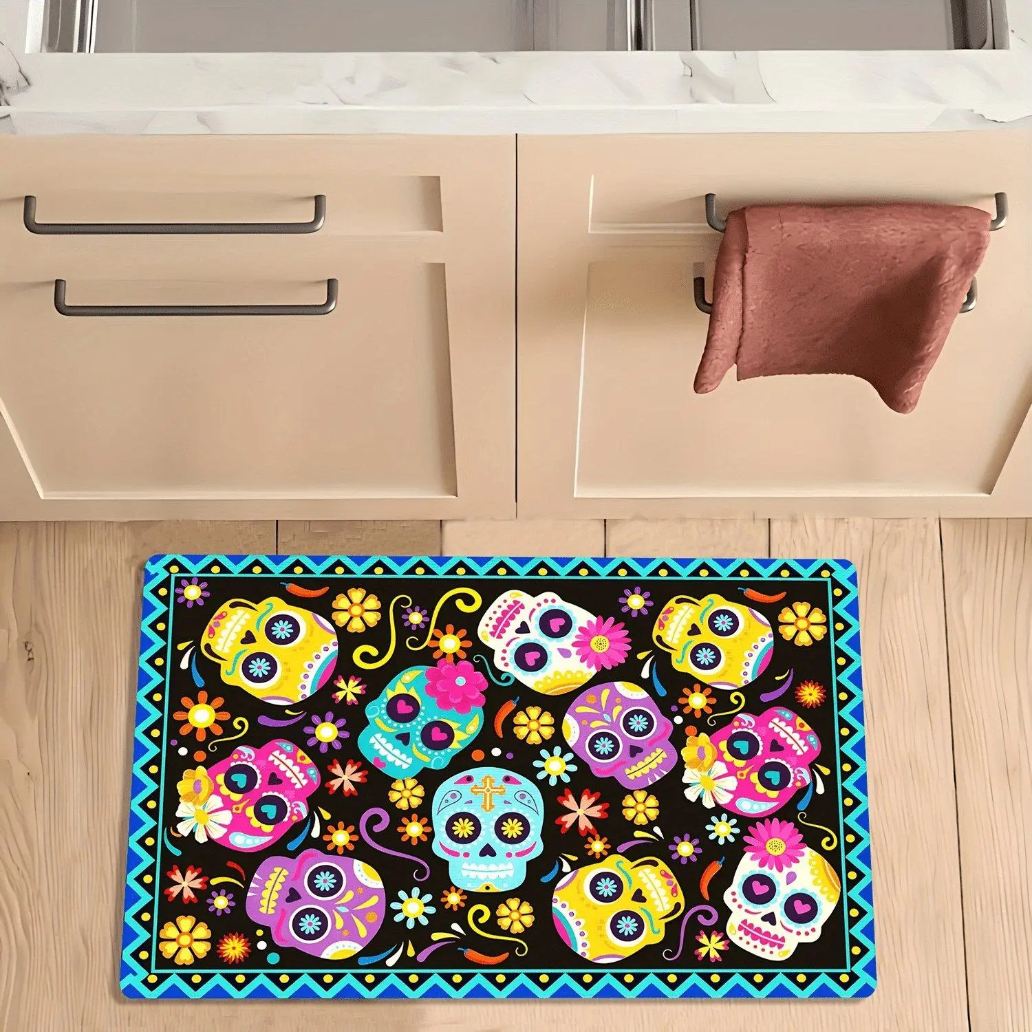 Classic Floral Sugar Skull Non-Slip Flannel Rug - Mexican Day of the Dead Decor Mat, Multi-Size for Kitchen Entry, Bathroom