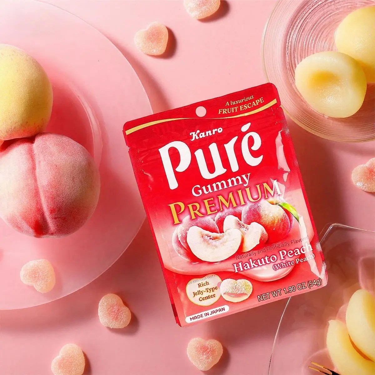 KANRO Pure Gummy Peach Heart Shape - Japanese  Sour Candy with Juicy Center, IVE Wonyoung Favorite, 54g