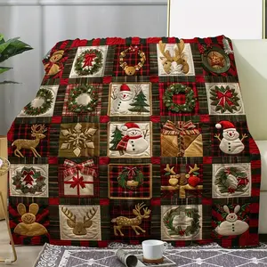 Cozy Vintage Christmas Flannel Throw – Soft & Warm Holiday Blanket Featuring Wreaths, Snowmen, Reindeer & Gift Grid | Perfect Festive Decor for Home & Sofa