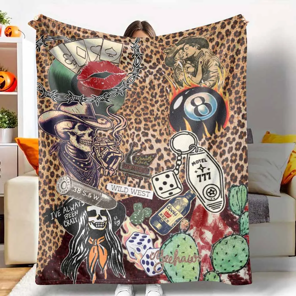 Western Aesthetic Flannel Throw Blanket - Vintage Cowboy Skull, Leopard Print Patterns, Ultra Soft, Lightweight, Cozy, Breathable Home Items for Bedroom, Sofa, Travel Camping, Birthday Gift & Bedding Decor