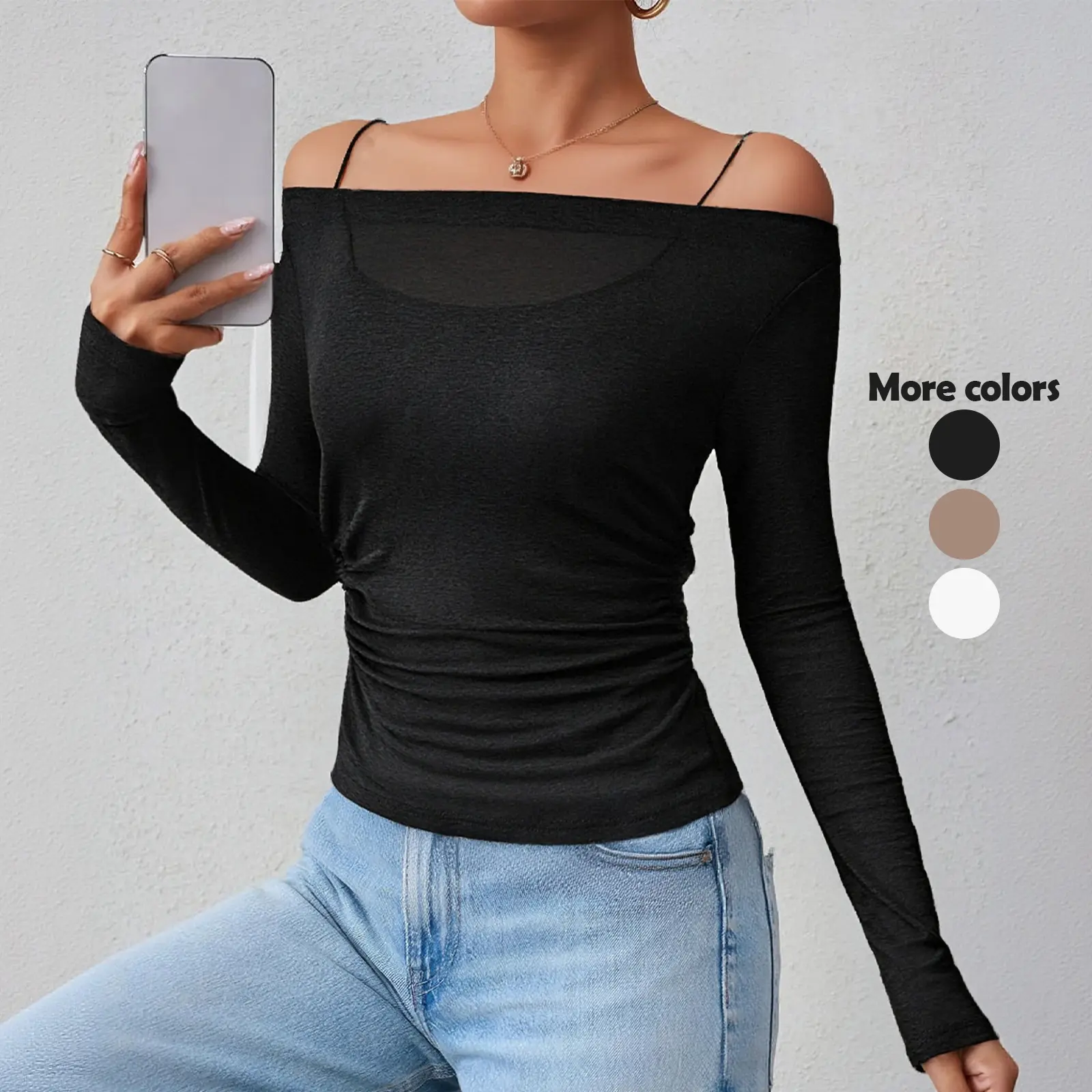 Women's 2-Piece Sports Layered Set - Aesthetic Matching Sheer Mesh Long Sleeve Top, Spaghetti Strap Cami Inner, Essential Clubwear for Boat & Casual Occasions, Lightweight