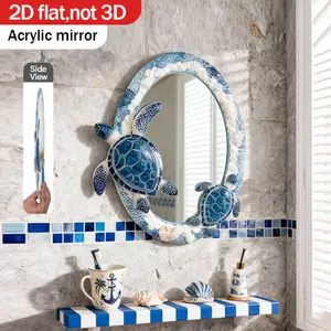 1pc Ocean Vacation Seaside Bohemian Style Blue and White Elliptical Wall Mounted Mirror, Wood+Acrylic Mirror, 2D Flat (40cm/15.74inch) Home Wall Decoration, Room Decoration, Bathroom Mirror, Unique Decorative Mirror, Makeup Mirror, Creative Makeup Mirror