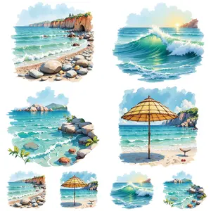 8 Piece Ocean Beach Pattern Heat Transfer Stickers, 4 Large & 4 Small, Washable DIY Fashion Iron-On Patches for Clothes Decoration, Crafts