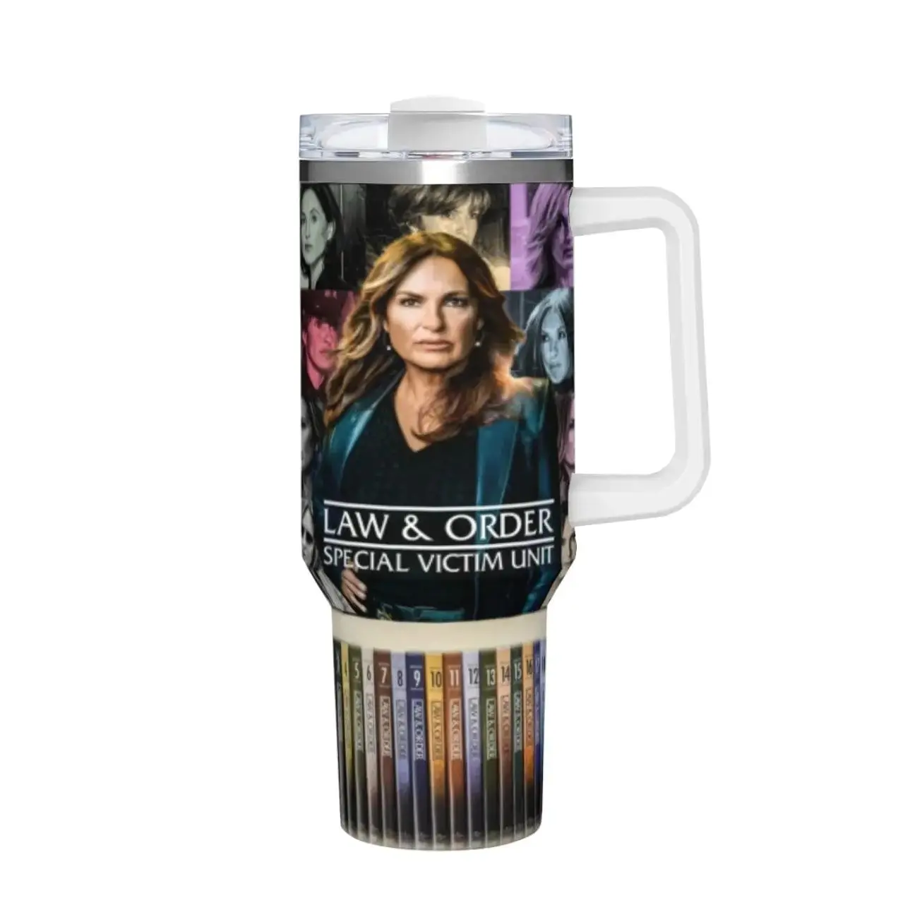 SVU Inspired Detective Badge Tumbler 40oz Iced Coffee Travel Mug with Handle, Vintage TV Show Collage Art Straw Lid Cup for Fans, Durable Stainless Steel Water Bottle Gift