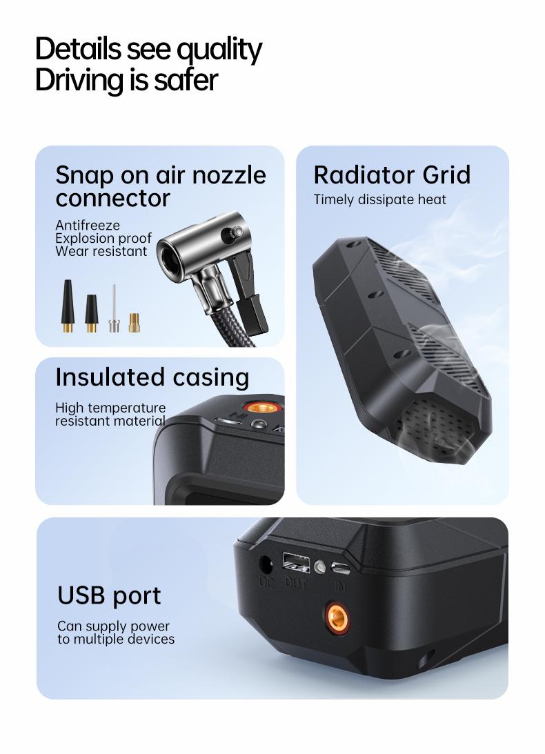 Multi-Functional Car Emergency Jump Starter Power Supply with Built-in Tire Inflation Pump, Portable Emergency Battery Power Bank for Vehicle Rescue