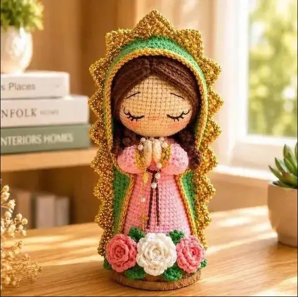 Crochet Our Lady of Guadalupe Figurine - Cute Handmade Catholic Virgin Mary Plush Doll & Altar Decor