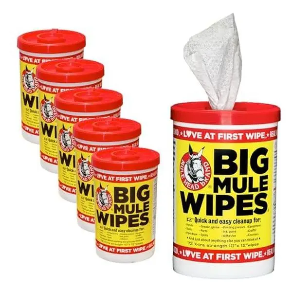 Mule Head Brand XL Heavy-Duty Cleaning Wipes – 6 Pack (10" x 12") – All-Purpose Garage, Automotive & Home Cleaning Wipes – Grease, Ink, Paint, Tar & Grime Remover – Multiple Surfaces