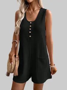 Rompers for Women Sleeveless Jumpsuits for Women Button Down Waffle Fabric Summer Vacation Outfits for Women Overalls Casual