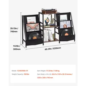 VEVOR Record Player Stand, 3 Tiers Metal Vinyl Record Stand, Turntable Stand with Record Holder Vinyl Display Shelf, Wooden Record Holder Ideal for Bedroom, Living Room, Black