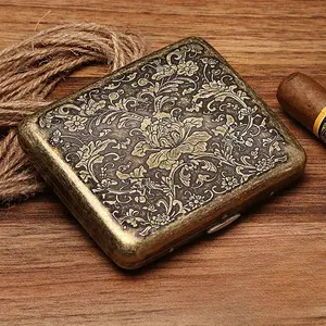 Retro British Style Rich Peony Brass Bronze Color Cigarette Case Flip Gift Box Double-Sided Pressure-Proof Moisture-Proof Cigarette Case, Gift Box