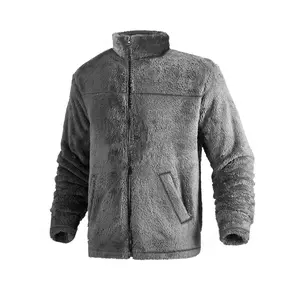 Men's plain stand-up collar zipper jacket, windproof and warm, soft and comfortable, two pockets practical, casual loose version, suitable for daily, outdoor activities, home autumn and winter long-sleeved fluffy coat, Windproof Outerwear