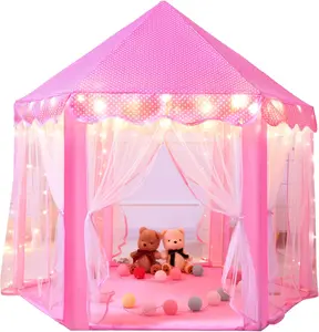 Pink Princess Castle Tent for Girls Fairy Play Tents for Kids Hexagon Playhouse with Fairy Star Lights Toys for Children Toddlers Indoor or Outdoor Games