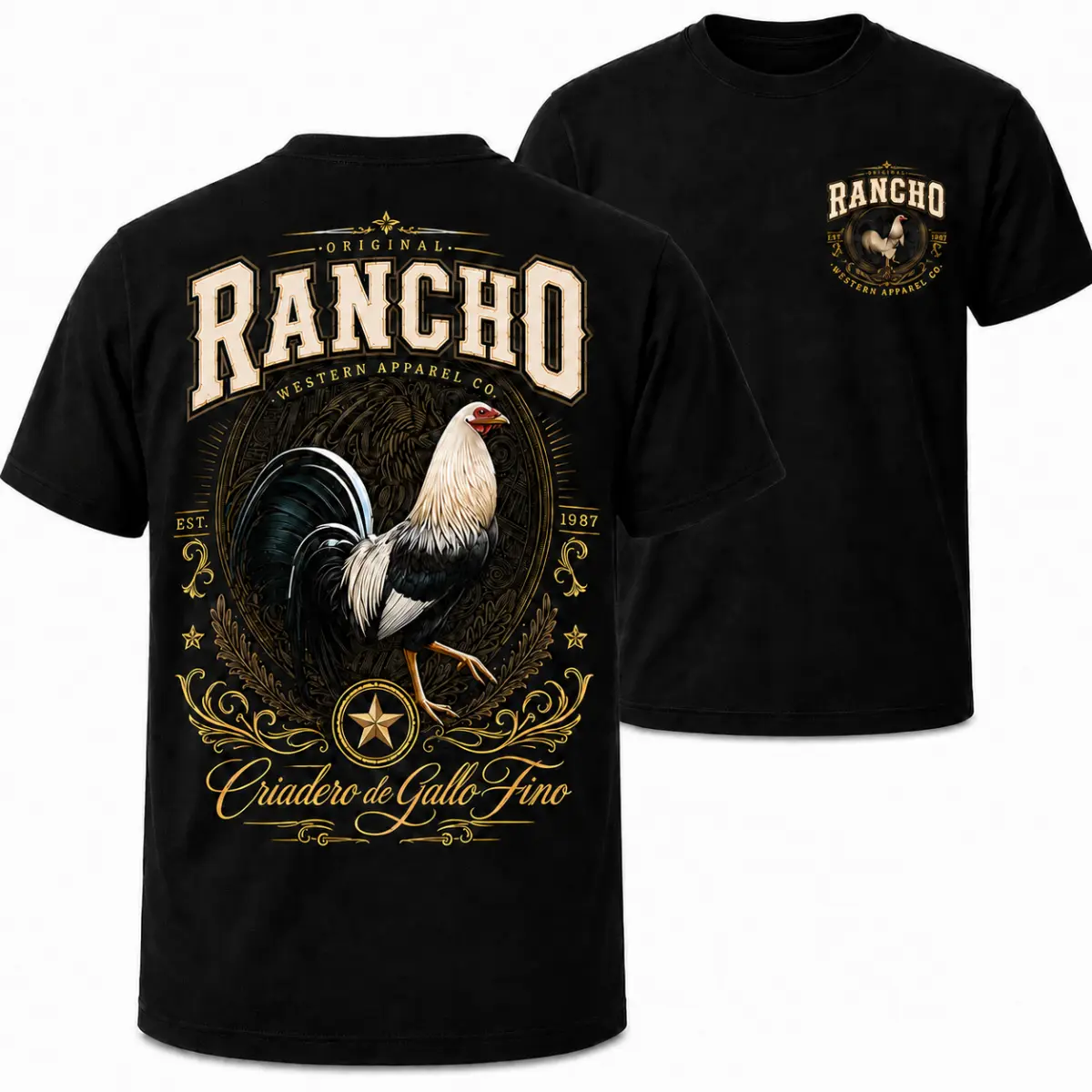 Rancho Gallo Fino T-Shirt, Gamefowl Rooster Western Ranch Tee, Criadero de Gallo Fino Mexico Shirt, Two-Sided Country Gift for Men