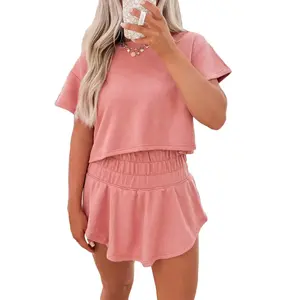 Women's 2 Piece Outfits Crewneck Cropped Tee and Ruffle High Waist Skort Set - Casual Summer Clothes - Womenswear