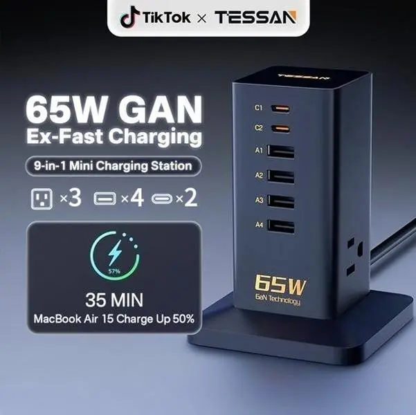 TESSAN 65W GaN Desk Charging Station for Multiple Devices, 6-Port USB-C Fast Charger Tower, Desktop Charging Hub
