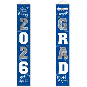 Graduation Decorations Class of 2026 Congrats Grad Banner Porch Sign Blue Silver Grad Party Decorations Graduates Party Supplies