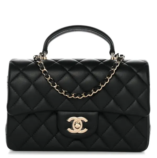 Pre-owned CHANEL Lambskin Shoulder Bags Quilted Mini Top Handle Rectangular Flap Black Z 1613