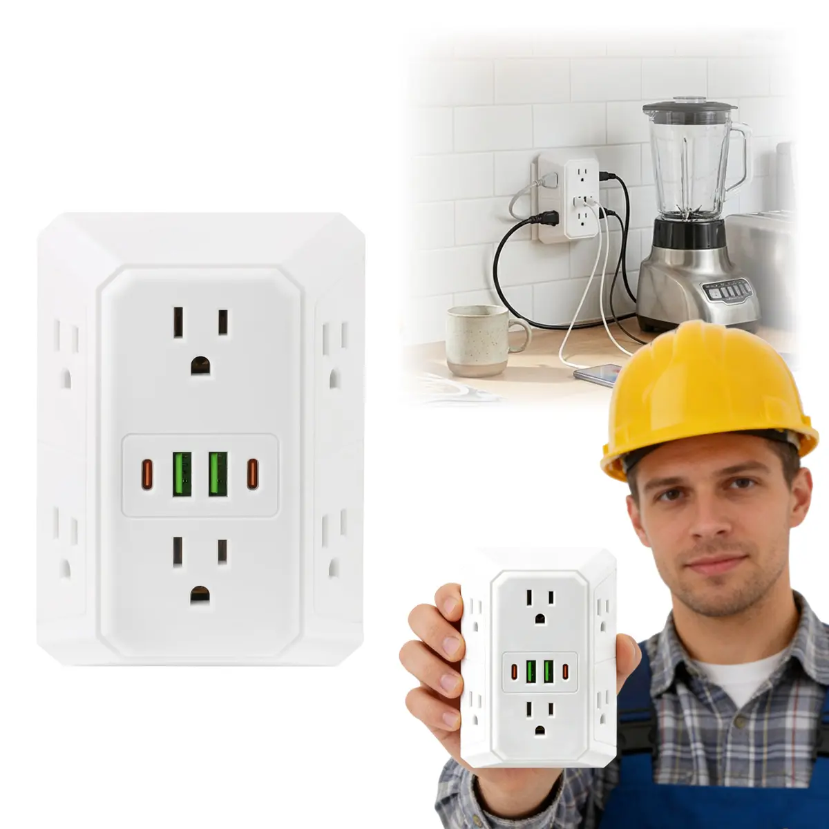 Wall Charger, Outlet Extender Surge Protector, 6 Outlet Splitter with 4 USB Ports (2 USB C), Multiple 3 Sided Multi Plug Wall Adapter Power Strip for Home Office Kitchen Travel
