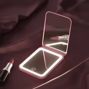 Compact Rechargeable LED Makeup Mirror 1X/2X Magnification Double Sided Mini Cosmetic Mirror Lights Travel Plastic Table Pocket