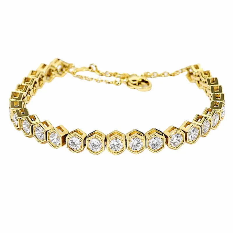 Stainless Steel Gold Honeycomb Hexagon Bracelet, Sparkling Diamond-Style Link Bracelet, Free Size Adjustable Jewelry for Women & Men, Elegant Everyday Wear, Trendy Fashion Accessory, Perfect Gift for Any Occasion