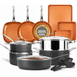 20 count Ceramic Cookware Set, Copper Pots and Pans Set Non Stick with Bakeware, Cooking Utensils, and Steamer, Oven and Dishwasher Safe