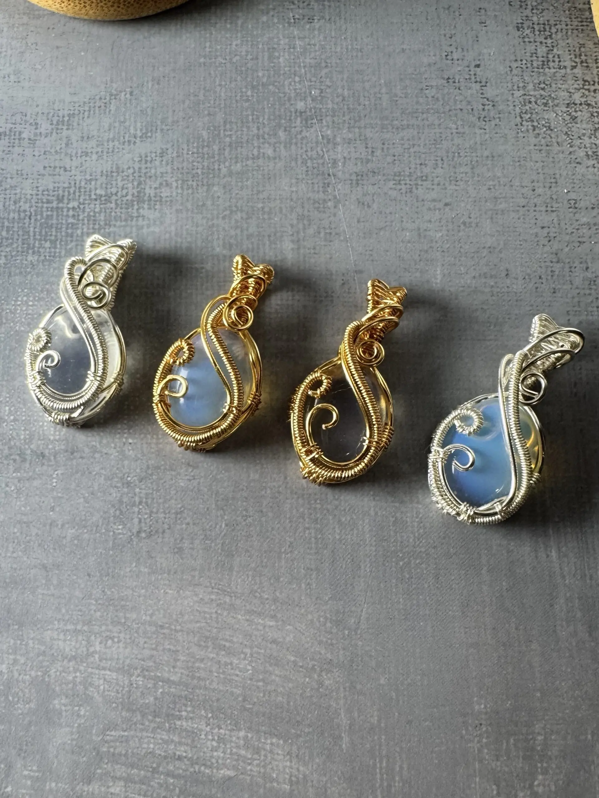 Swifty Pendant Handmade Wire Wrapped Opalite Necklace Silver & Gold Finish 1.6-1.8 Inches Height 0.9 Inches Width Genuine Opalite Stone Symbolizing Transformation Clarity Self-Made Joy