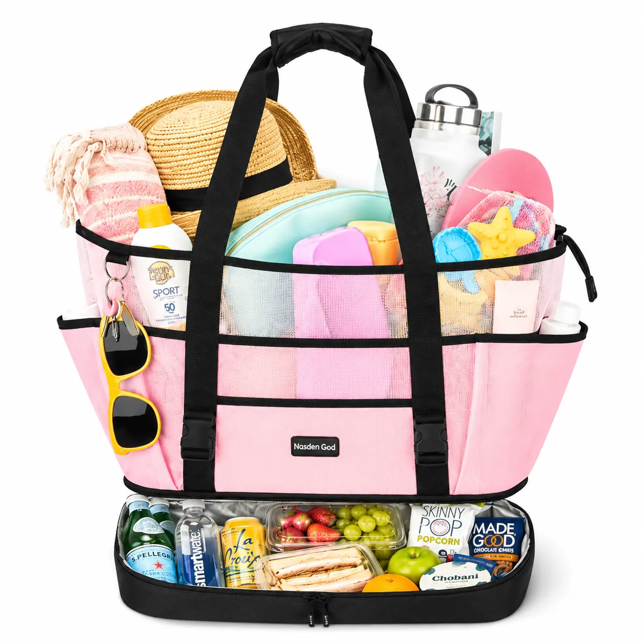 Women's beach bag, large mesh tote bag with zippered pocket, toy pool bag, suitable for family travel and vacations, includes pool cooler (pink).