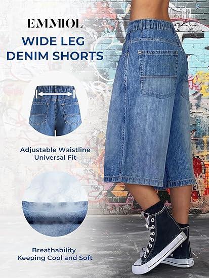 EMMIOL Baggy Jorts for Women Wide Leg Denim Shorts Y2k Mid Rise Bermuda Streetwear Boyfriend Jean Shorts with Pockets