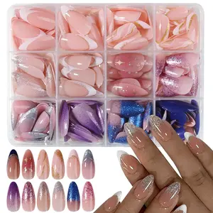 288pcs Long Almond Shaped Glitter French Acrylic Press-On Nails, Short Nail Set, Gold Blue, Easy Wear, Summer Party, Glitter Finish