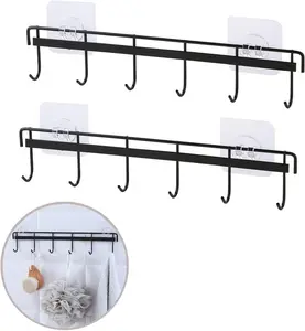 2 Pcs Kitchen Utensil Rack with 4 Adhesives - Adhesive Kitchen Utensils Hanging Rack Utensil Holder for Kitchen, Bathroom, and Bedroom(Black)