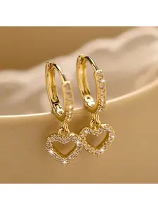 Gold Plated Heart Dangle Hoop Earrings for Women, Micro-Paved CZ Heart Drop Earrings, Cute Romantic Jewelry for Daily & Party Wear