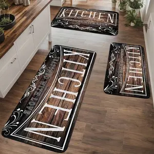1/2/3pcs Farmhouse Brown Wood Kitchen Carpet Set, Very Good Home Decorative Carpet, Flannel Material Dry Non-Slip Soft Comfortable Easy To Clean, Suitable For Bathroom Door Mat Bedroom Living Room Porch Laundry