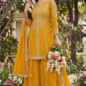 Mustard Yellow in size 40/42. Embroidered Chinnon Silk Palazzo Kameez Palazzo dress is made from soft Chinon silk fabric, beautifully adorned with intricate embroidery work that adds elegance and charm.