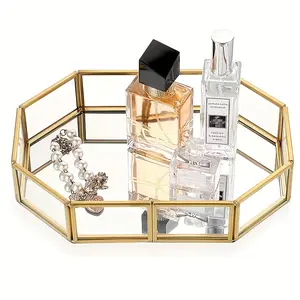 1pc Decorative Metal Mirror Golden Elegant Vintage Octagonal Perfume Vanity Jewelry Storage Box Makeup Tray, Dresser, Bathroom Countertop Decorative Storage Home Decor Makeup Vanity Tray, Exquisite Perfume Stand, Jewelry Tray, Non-Food Contact