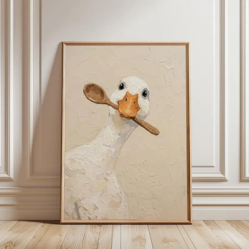 Whimsical Duck Kitchen Wall Art, Cute Silly Goose Holding Spoon Oil Painting, Rustic Farmhouse Wall Decor, Quirky Cottagecore Animal Artwork