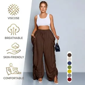 Women's Casual Loose-Fit Wide Leg Drawstring Pants, Womenswear, All-Season Woven Fabric, Long Plain Design, Daily Commute